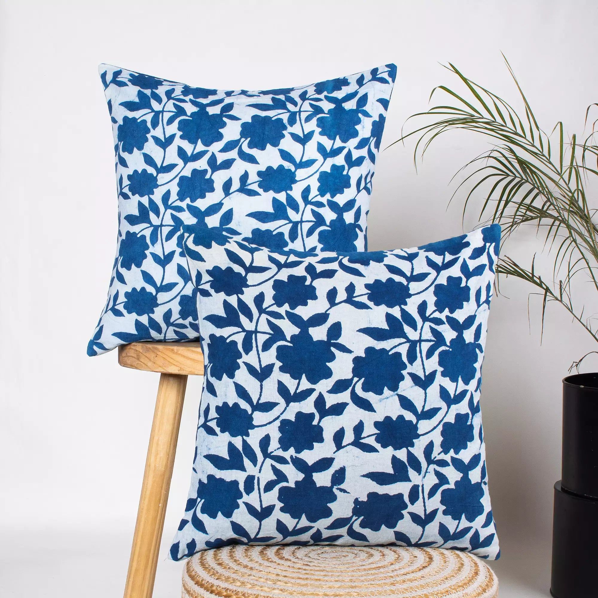 Hand Block Blue Floral Printed Cotton Cushion Cover